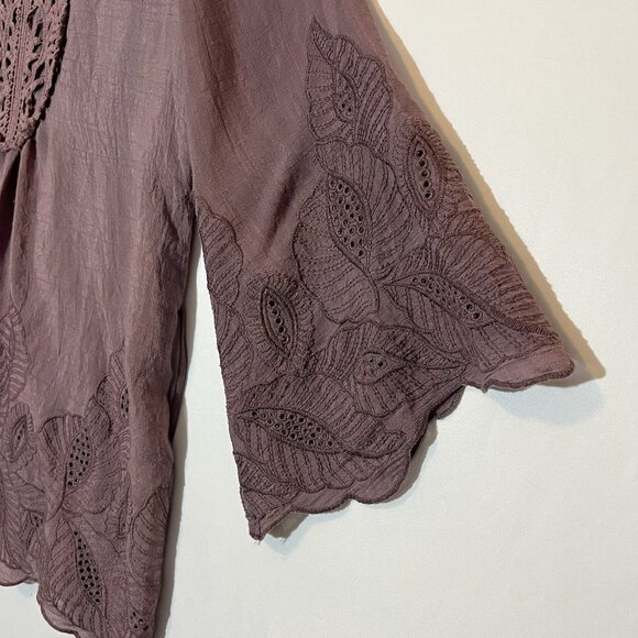 Solitaire Women Top Tunic Embroidery Boho Blouse Medium Purple Tie Flare Sleeve - Picture 6 of 11